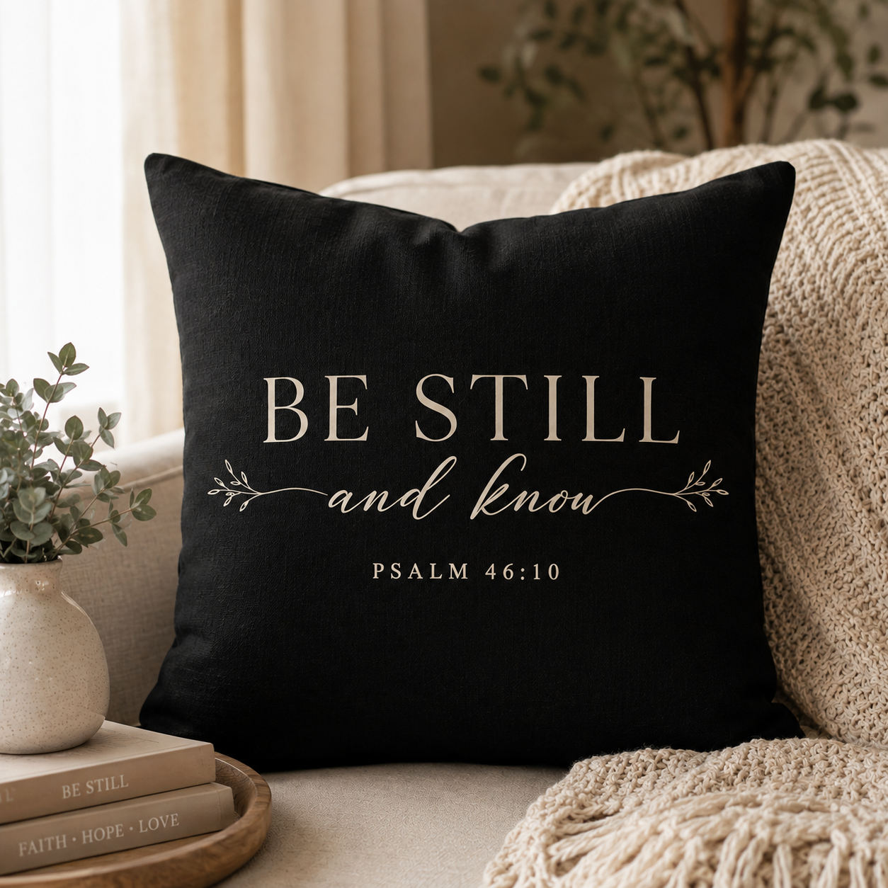 Be still schwarzes kissen Inspirierendes Faith Kissen- Be Still – Bild 1