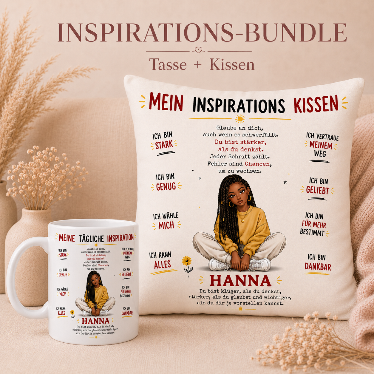 Geschenkset Inspirations kissen und tasse joy Personalisierbares Inspirations-Geschenkset – Meine Inspiration – Bild 1