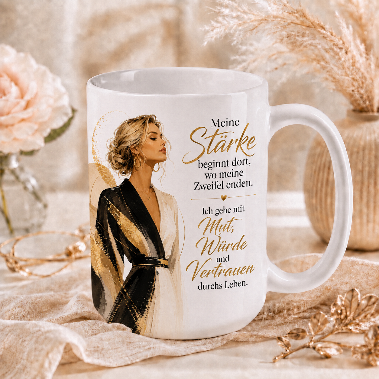 meine stärke blond runde tasse Inspirationstasse- Meine Stärke- Blonde Haare – Bild 1