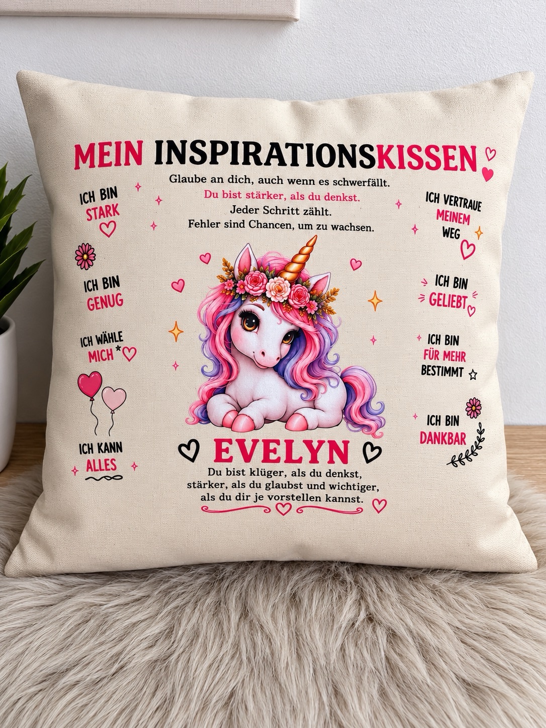 5dcda7cc-8618-4e24-af5f-c153facc0288 Inspirierendes Kissen–Mein Inspirationskissen Einhorn- Personalisierbar – Bild 1